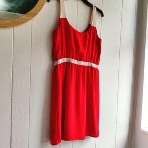 Loft Dress in Red with Cream. Grosgrain ribbon accentuates an Empire Waist. Sz 4